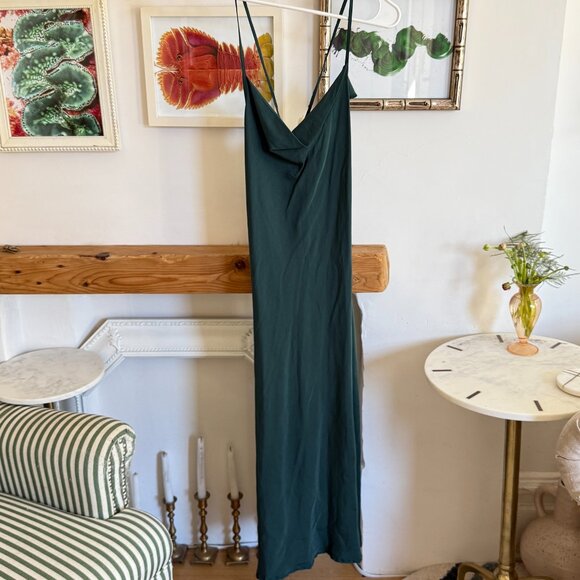 Dark Green Silky Cowl Neck Spaghetti Strap Open Back Midi Dress - Picture 7 of 11